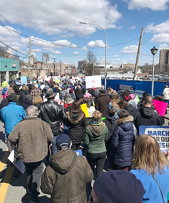 Hundreds of marchers from across Westchester stretching farther than the eye can see take to the streets of White Plains to advocate for gun control.  Courtesy of Gina Tarascio 