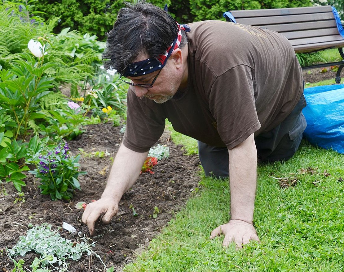 To make way for planting more flowers, Mamaroneck resident Jim DeLitta evens out the dirt in the flowerbed. 