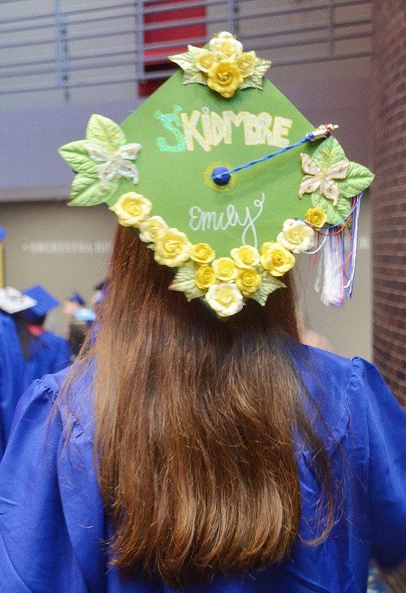 Emily Zeller’s cap is elaborately decorated to display she starred in Blind Brook’s production of “Shrek the Musical” and now she’s off to Skidmore College.