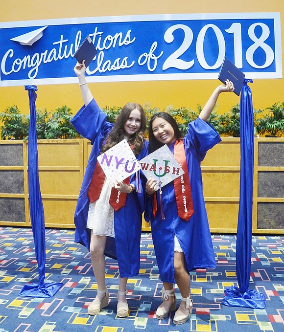 They made it! Allison Chien (right) and Gabrielle Applebaum celebrate officially becoming Blind Brook High School alumnae after the Blind Brook High School graduation ceremony at The Performing Arts Center at Purchase College on Thursday, June 21.