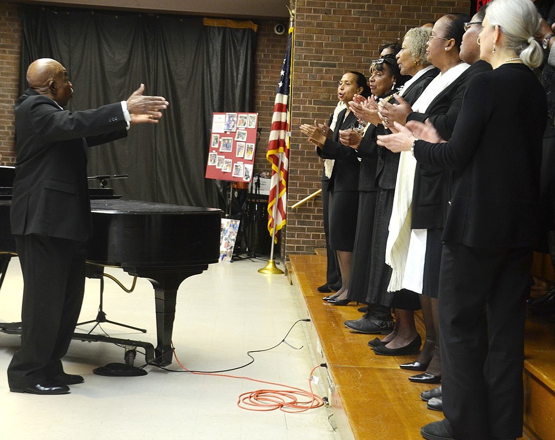 Joseph Mosley leads the Community Choir in the musical selection “When Shall I Be” at the 33rd Dr. Martin Luther King, Jr. interfaith community commemoration at the Port Chester Middle School on Sunday, Jan. 13.