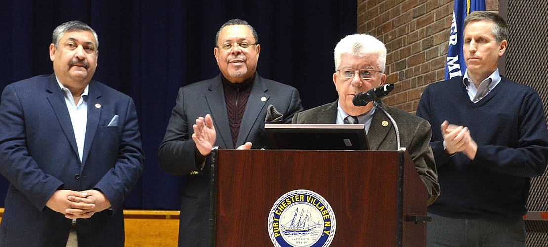 Port Chester Mayor Richard “Fritz” Falanka, accompanied by Trustees Luis Marino, Greg Adams and Dan Brakewood, presents a proclamation in honor of the 2019 Dr. Martin Luther King, Jr. commemoration and its Humanitarian Award winners.