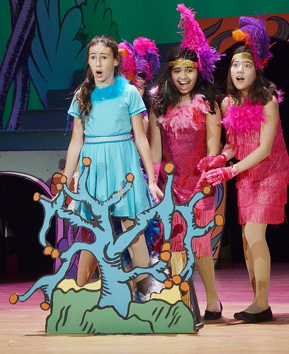 Surrounded by Bird Girls played by Jinju Prince (right) and Zoeya Sunhail, Gertrude McFuzz, played by Cassidy Wohl, feels funny as pills from the pillberry bush make her tail grow.