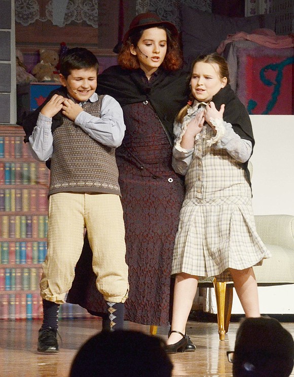 Michael and Jane Banks (played by John Borzoni and Katherine Callaway) realize their mean new nanny Miss Andrew (played by Caelyn Matturro) is much harsher than Mary Poppins while she sings “Brimstone and Treacle.”