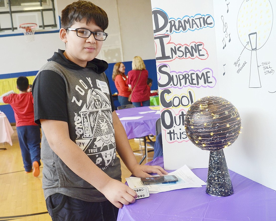 With a musical disco ball he constructed from scratch, Edison School fifth-grader Jazyn Barros won a first-place prize for his invention and comprehensive description poster.