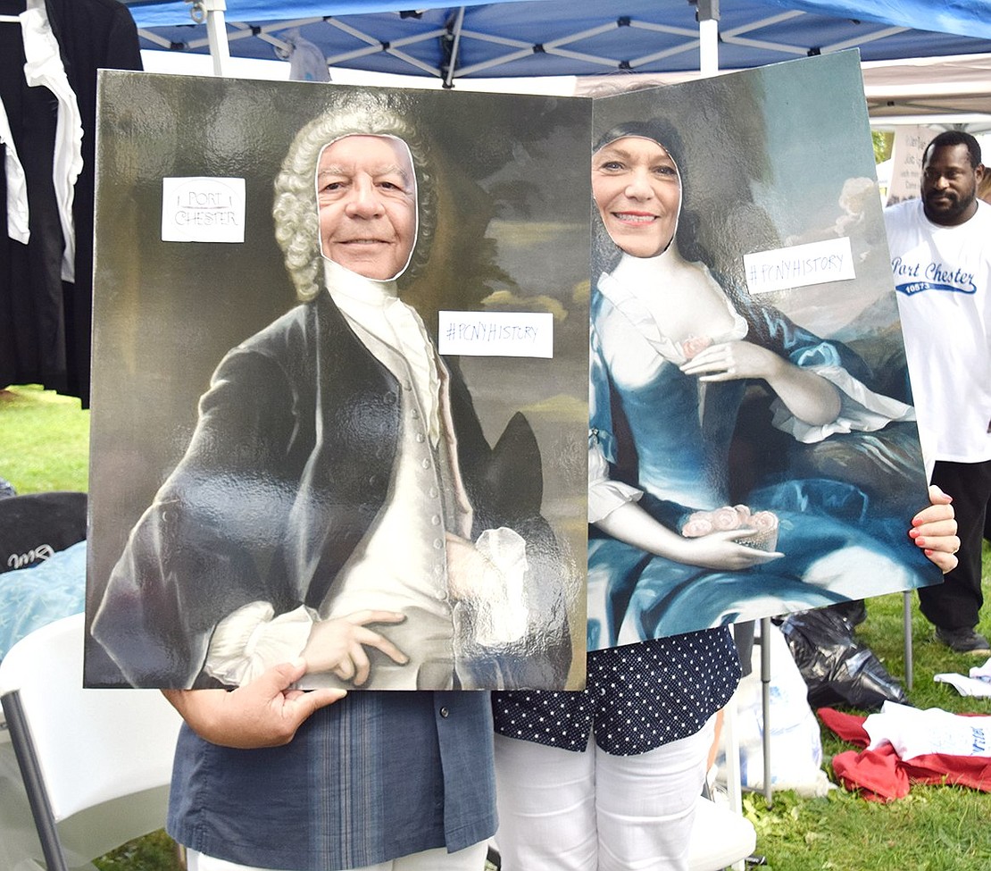 Elected officials or 18th century royalty? Port Chester Mayor Richard “Fritz” Falanka and Town of Rye Clerk Hope Vespia have fun with the antiquity photo stand ins at the Port Chester Historical Society booth.