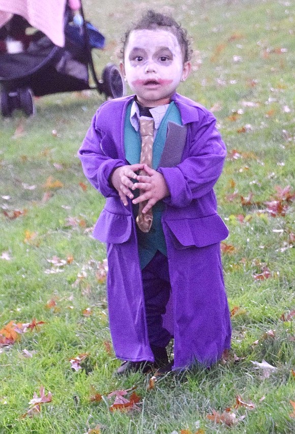 Are you serious? Dressed up as a tiny maniacal Joker villain, Hobart Avenue 1-year-old Lukas Hernandez certainly is.