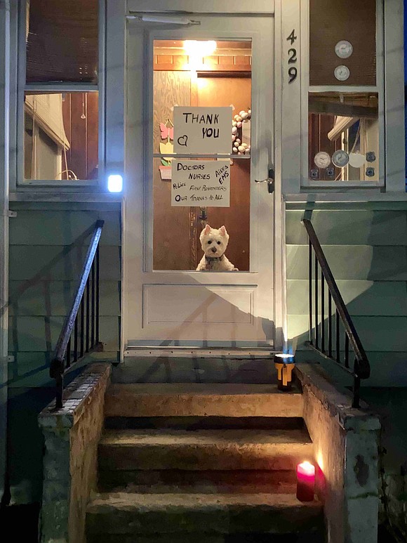 Victoria DeAndrea, of 429 Ellendale Ave., was one of many Port Chester residents who lit up their houses the night of Wednesday, Apr. 1 to thank first responders and medical workers who are on the frontlines of the COVID-19 pandemic. Candy the Westie puppy thanks them, too! For more photos, turn to page 16. Courtesy of Victoria DeAndrea 