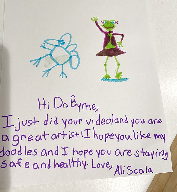 After Ridge Street School third-grader Ali Scala finished coloring her pretty frog, she wrote a message of well wishes to Superintendent Dr. Colin Byrne. Courtesy of Alicia Scala 