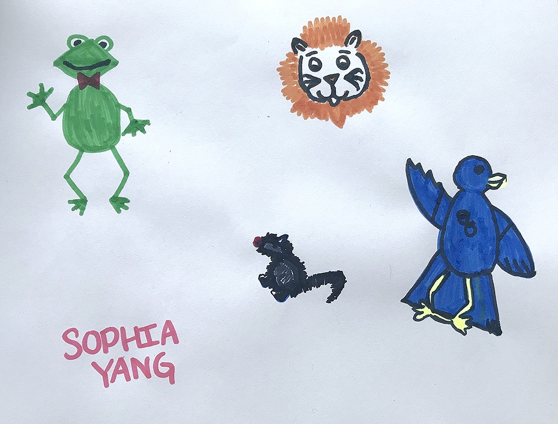 Clearly an animal lover, Ridge Street School fourth-grader Sophia Yang shares her detailed drawings of a frog, a lion, a mouse and a bluebird. Courtesy of Jingjing Yang 