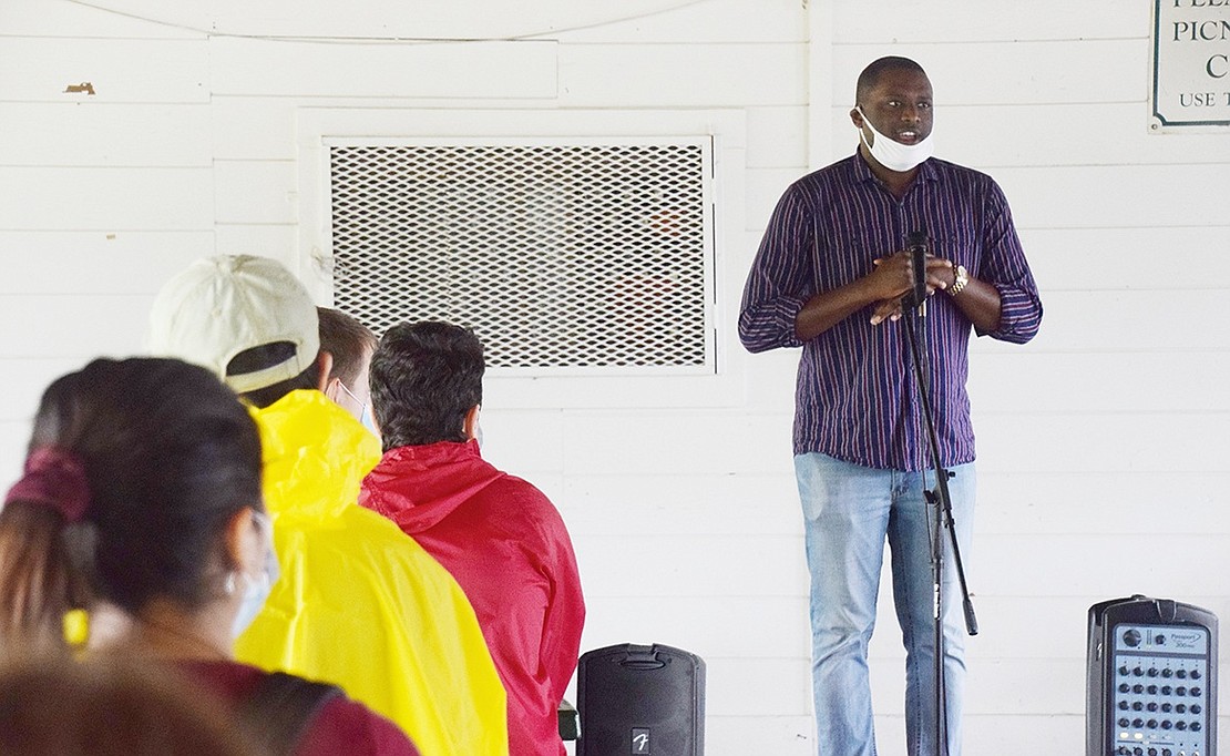 The poised incoming Democratic candidate for the U.S. House of Representatives Mondaire Jones speaks about the need for youth involvement in social justice issues at Crawford Park before the march.