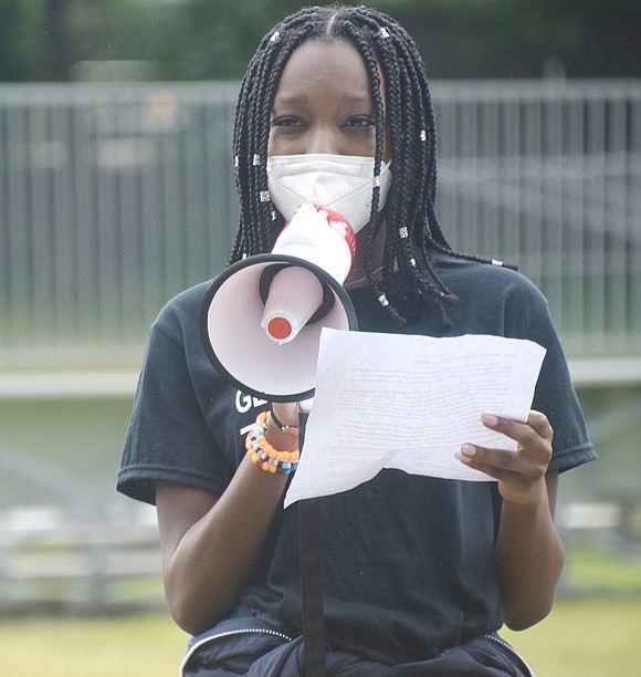 Incoming Blind Brook High School senior Jahdae Levy addresses the group in Pine Ridge Park about the need for a systemic reboot in America.