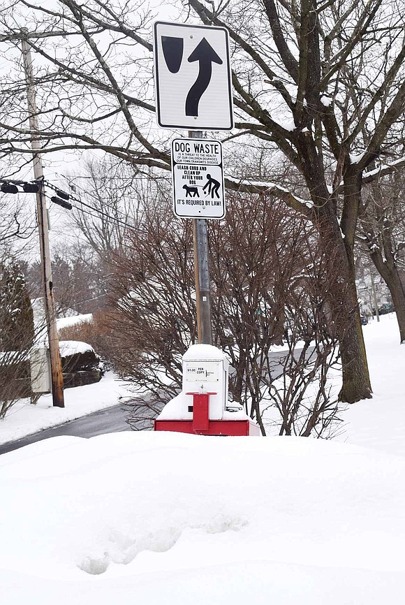 The Westmore News vending machine on the end of the Ridge Boulevard traffic island can barely be seen Friday afternoon, Feb. 19 after plows buried it in snow.