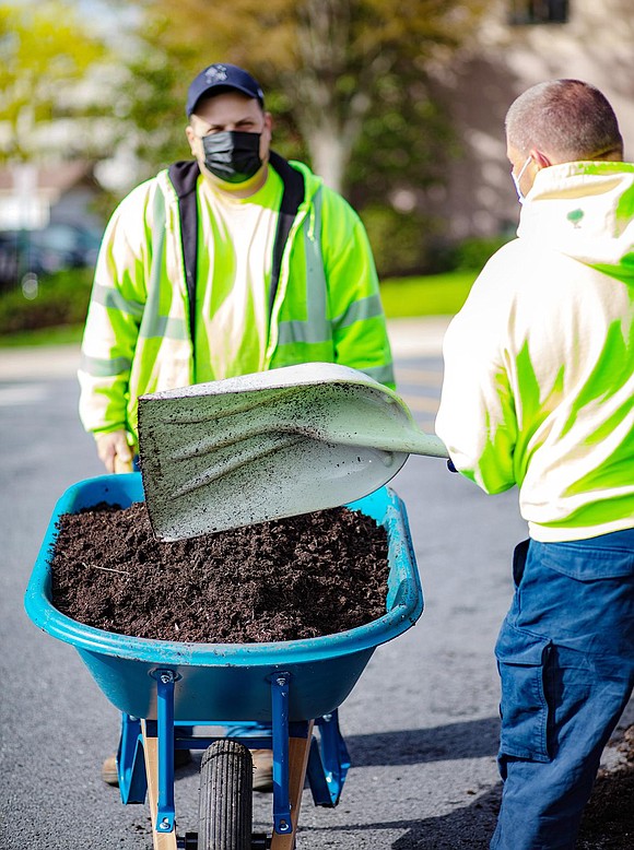 Rye Brook Department of Public Works General Foreman Paul Vinci (right) and Assistant General Foreman Joey Vasile wheelbarrow dirt out of the circle garden at Village Hall for a planting project.