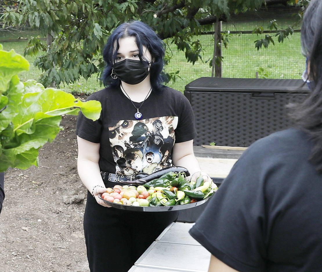 Eighth-grader Scarlett Pimenteo carries a tray of vegetables freshly picked from the garden. “I love to do stuff outside with my hands, like gardening and planting,” she said of the experience.