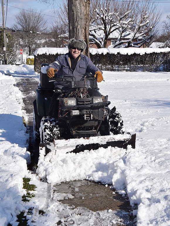 Mike Antaki clears the sidewalks on both sides of Leicester Street with his nifty ride-on plow on Friday morning, Jan. 7 after Mother Nature dropped 7.8 inches of snow in Port Chester and Rye Brook overnight, the first major snowfall of the season. A Leicester Street resident, Antaki has been plowing his neighbors’ sidewalks in a similar manner for 25 years.