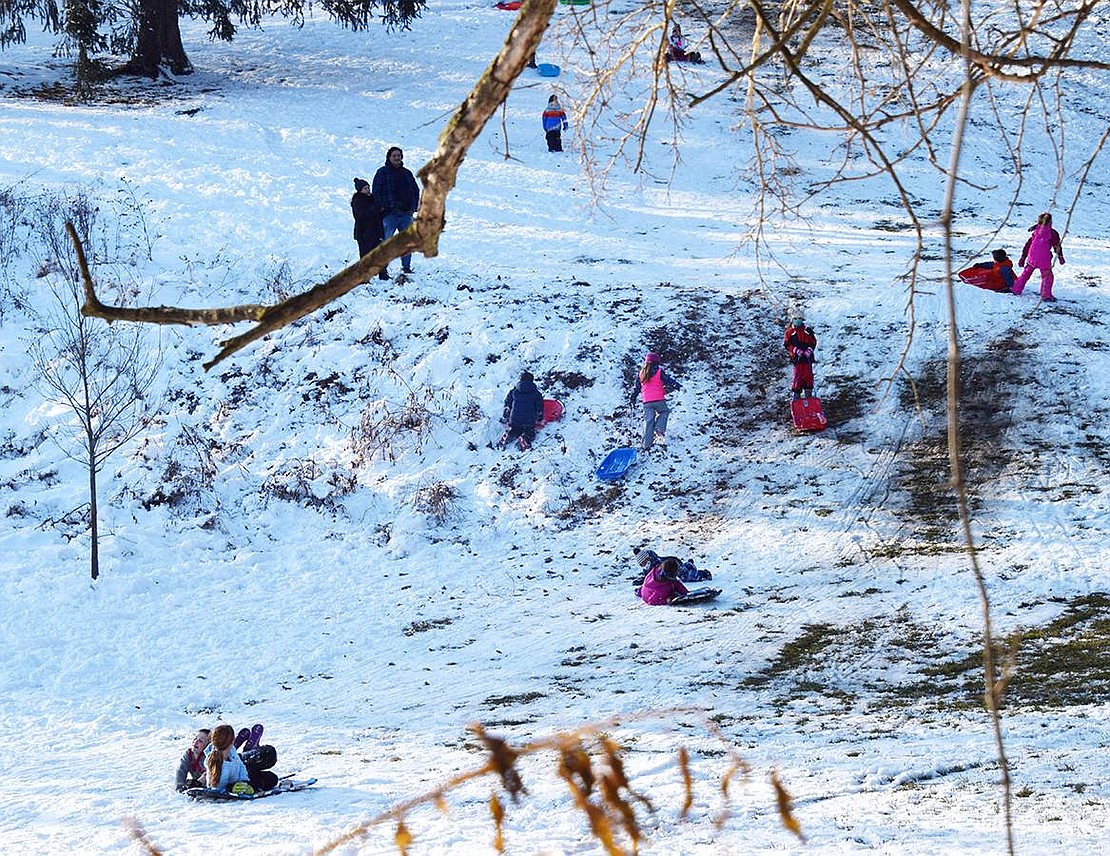 The steep incline on the North Ridge Street side of Crawford Park is dotted with sledders Friday afternoon when there are already some bare spots on the hill.