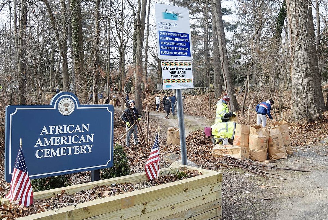 The African American Cemetery behind Greenwood Union Cemetery in Rye was the location of the Town of Rye’s second MLK Day of Service on Sunday, Jan. 23, having been postponed from Jan. 16 due to the extreme cold. Members of sustainability committees and others “just came together to make a difference,” said Rye Town Councilwoman and Rye Town Sustainability Committee Chair Pam Jaffee, an organizer of the event, which was double the size of last year’s in terms of participation.