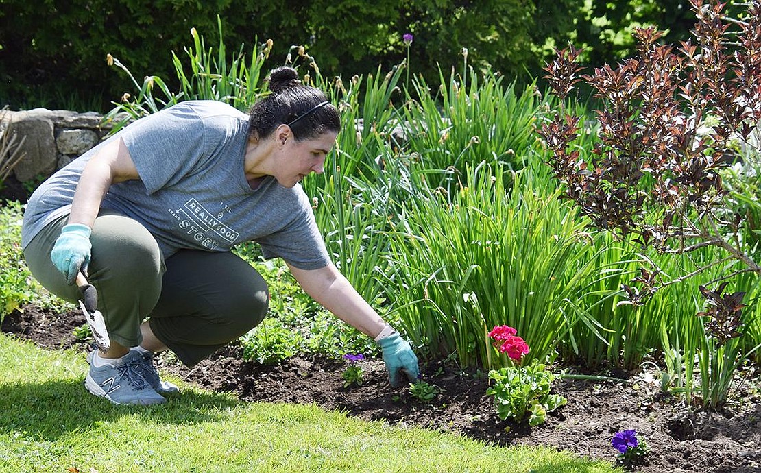 Kristen Cuppek of Robert Avenue, Port Chester, tamps down the dirt around annuals that were planted shortly before in the sunken garden adjacent to the Crawford Mansion Community Center during the Friends of Crawford Park’s Spring Planting Day on Saturday, May 14.