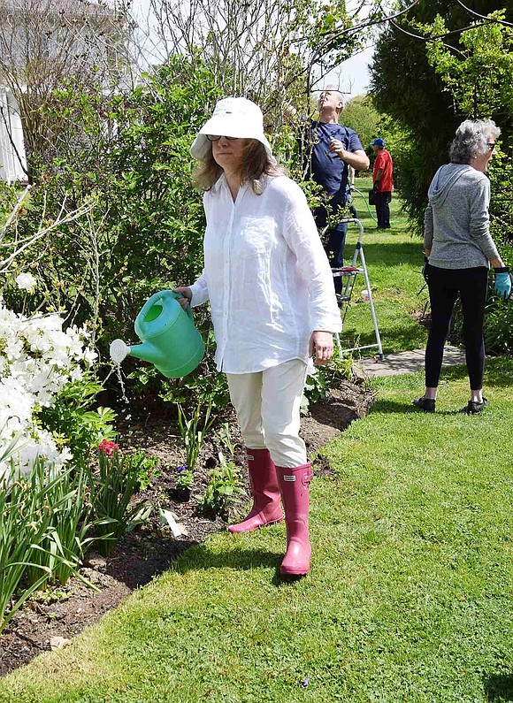 Rye Town residents of all ages were busy pruning, planting and watering at Crawford Park on Saturday, May 14. In the foreground, Sheila Chaglasian of Tower Hill Drive, Port Chester, waters the newly planted flowers in the sunken garden.