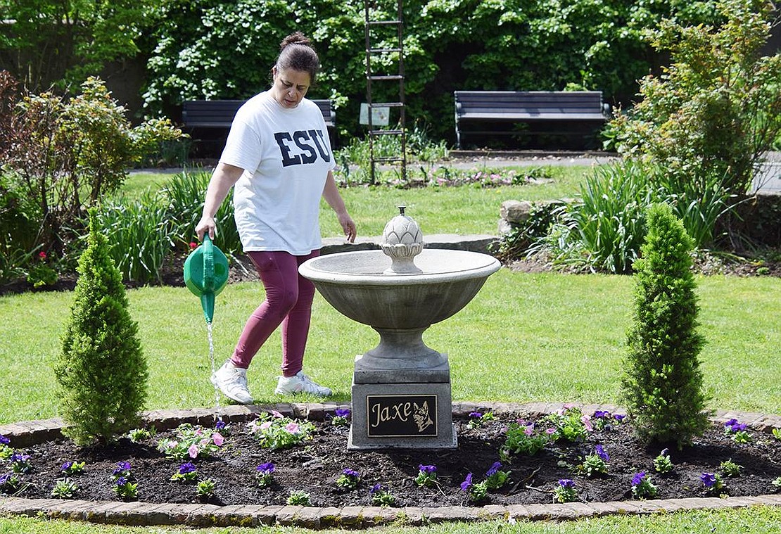 Enza Giglio of Linden Street, Port Chester, waters the many colorful flowers that were rooted in the center bed of the sunken garden during Spring Planting Day.