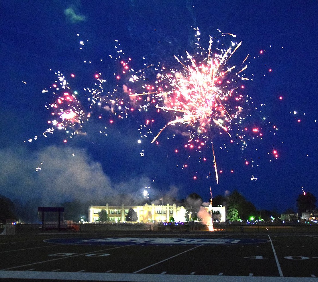 Fireworks sponsored by Neri’s Bakery, the Villages of Port Chester and Rye Brook and the Town of Rye light up the Port Chester High School football field and Park Avenue School in the background.