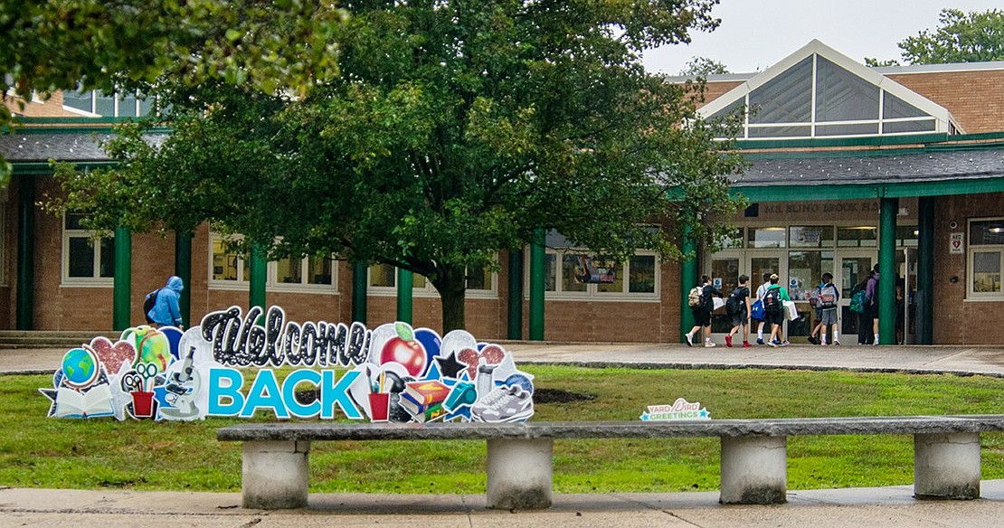 A large pop-up sign greets students returning to Blind Brook Middle/High School for the new school year on Sept. 6. 