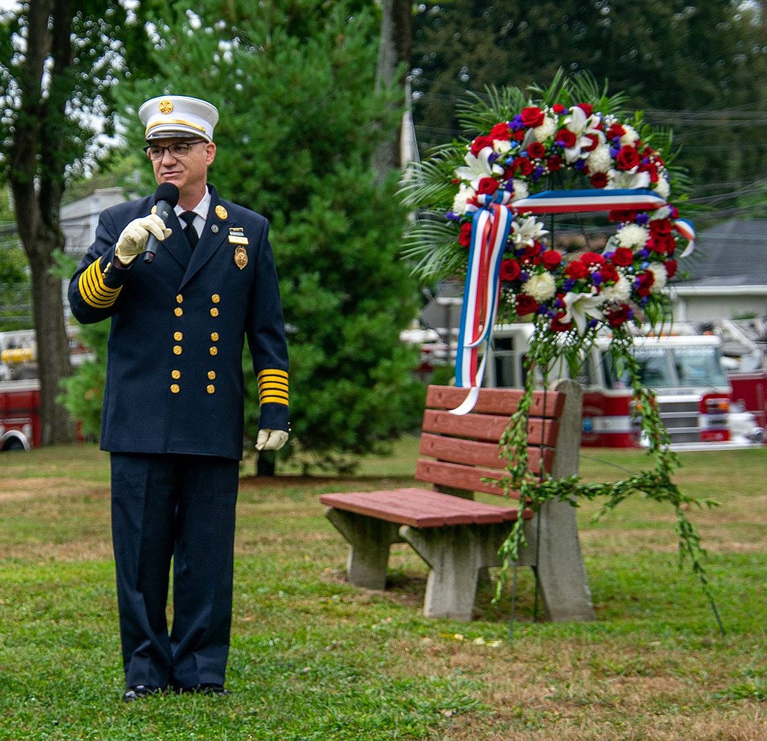 Port Chester Fire Chief Herbert Bocchino provides opening remarks, calling on those gathered to never forget the contributions of the firefighters and other first responders lost.