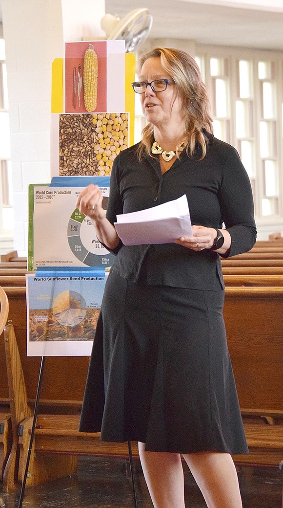 Inside the church, where displays were set up, Quintard Drive resident Kikki Short, who is on the board of the Port Chester Historical Society, talks about the history of the people native to the area that is now Port Chester, the Wiechquaeskeck, who likely inhabited the land from Norwalk, Conn. to the Hudson River. They were a part of the larger Munsee and the still larger Lenape group that inhabited the land from Western Connecticut to Eastern Pennsylvania, and the Hudson Valley to Delaware, with Manhattan at its center. However, she said, “it is hard to pin down an exact people at an exact place at an exact time.”   