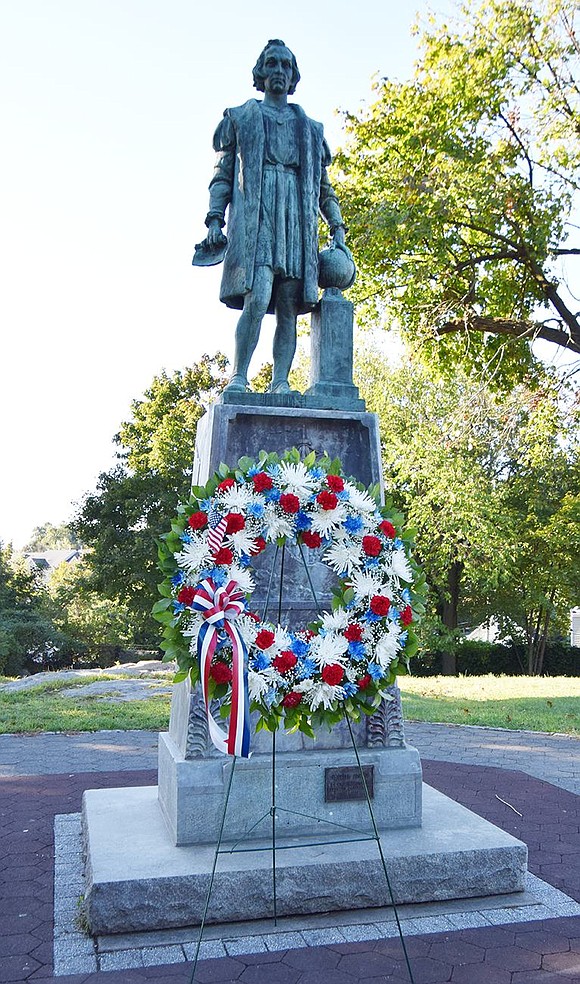 The statue of Christopher Columbus in Port Chester’s Columbus Park on the morning of Sunday, Oct. 9. Jananne Abel|Westmore News   