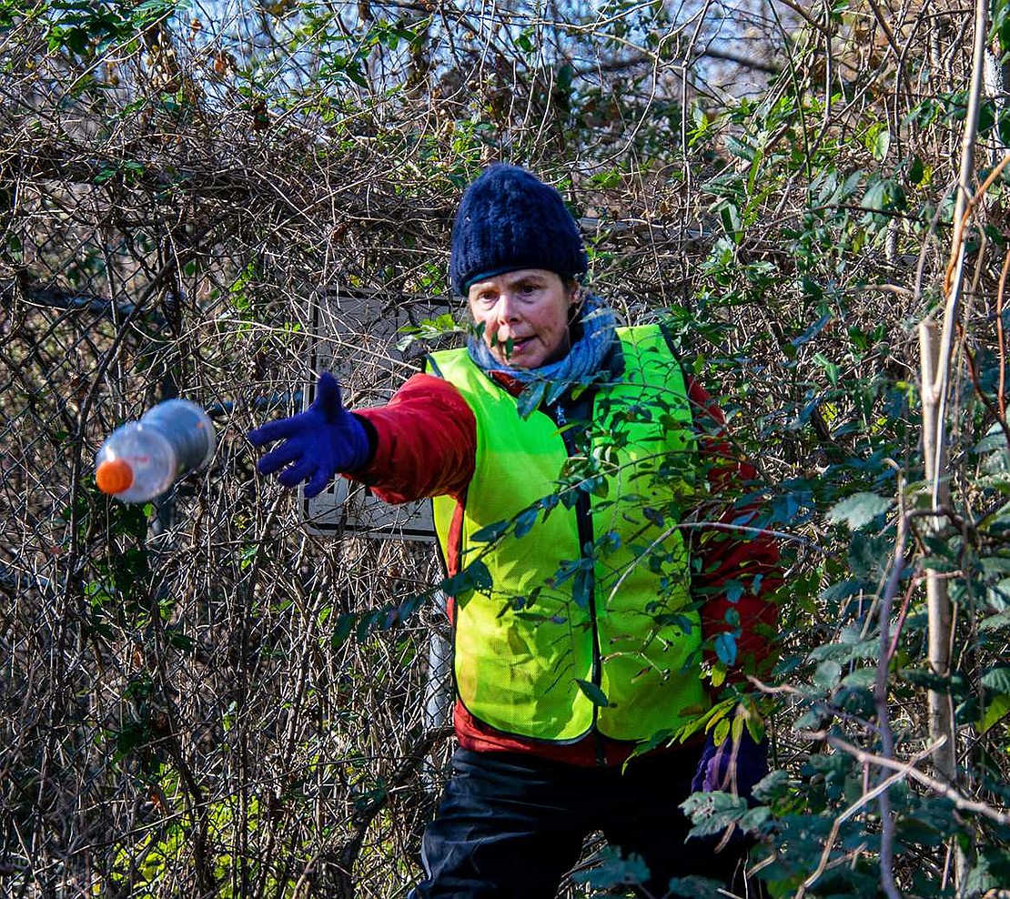 Julie Hensley, a Blind Brook High School science teacher and moderator of the Roots and Shoots Club, tosses an empty bottle of Gatorade toward a garbage bag. She ventured into the weeds on the shoulder of Bowman Avenue to collect trash for the Rye Town-wide Community Cleanup Day on Sunday, Nov. 20.