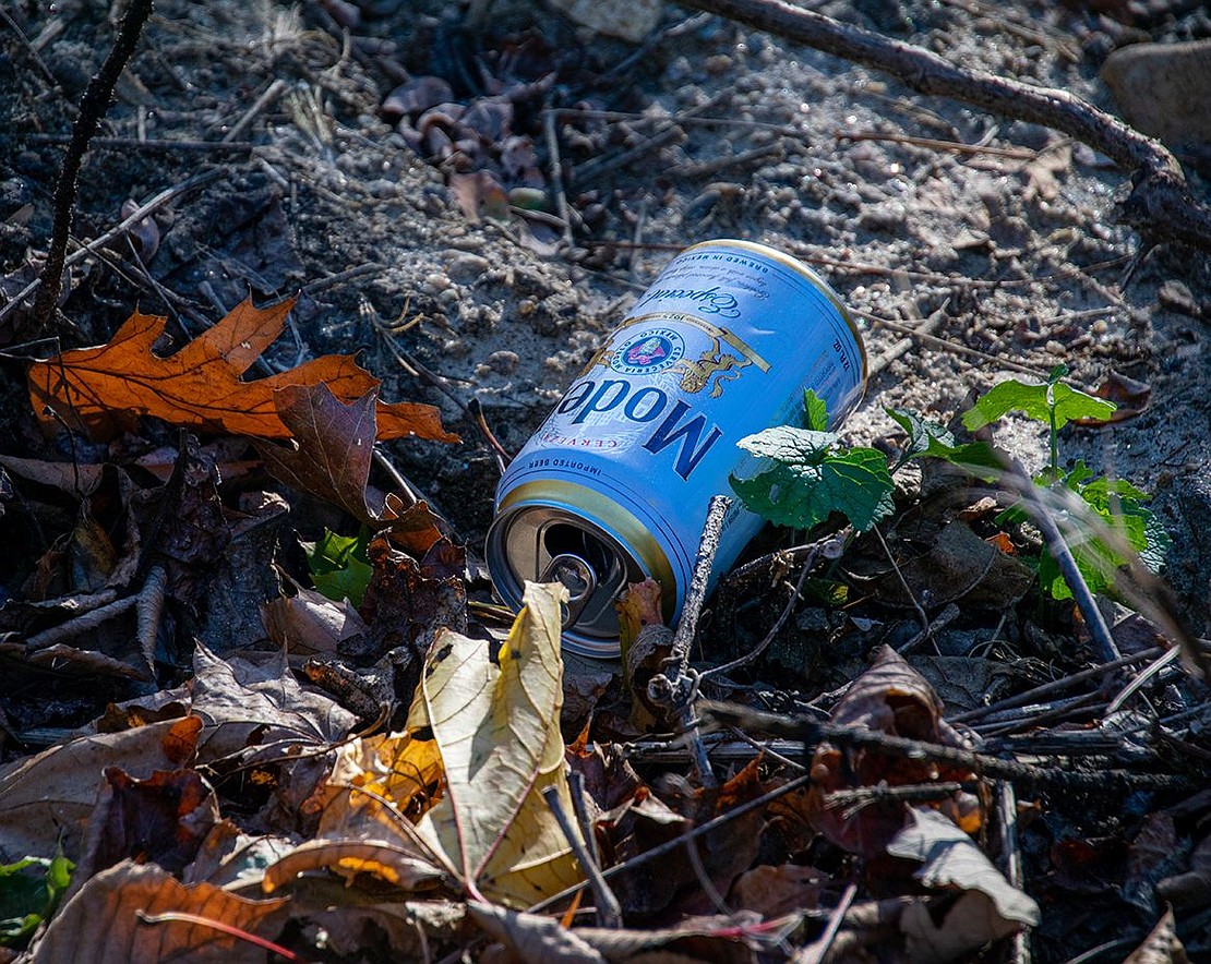 An empty can of Modelo sits in the shoulder of Bowman Avenue. It and several hundred others like it litter the sides of the Rye Brook road.