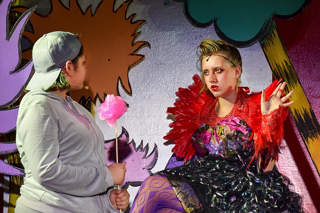 Mayzie LaBird (Mary Mateus) rolls her eyes at Horton the Elephant (Alexa Melgar) during a conversation about the former’s egg. She wants to go on a vacation, but she’s forced to watch her egg—unless someone like Horton takes up the task. 