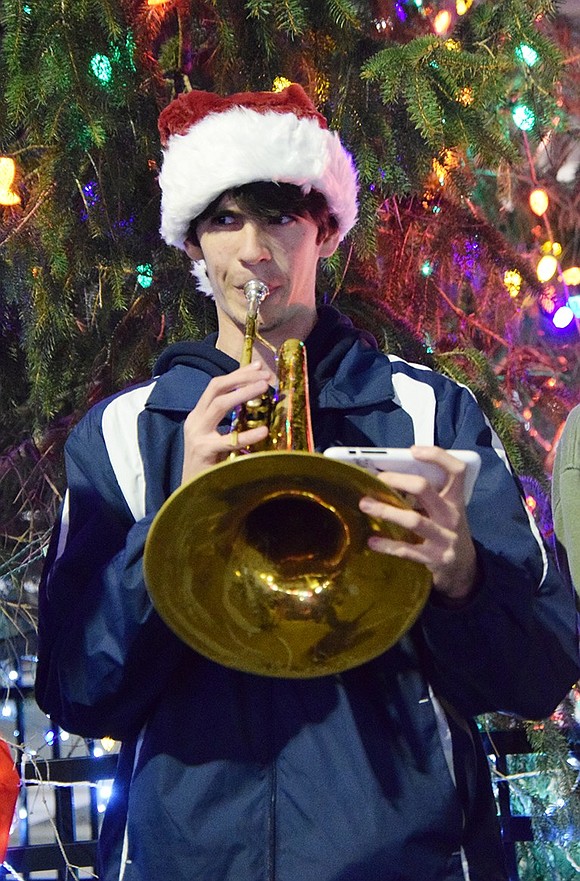 Among the Port Chester High School Band members is Thomas d’Esperies playing mellophone.