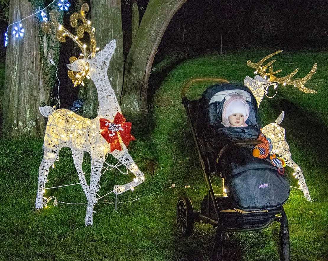 One-year-old Mika Blech wearily observes her parents as they take photos of her in front of a pair of reindeer lights. The young Arbors resident is bundled up, but still slightly shivers in the frigid evening wind.