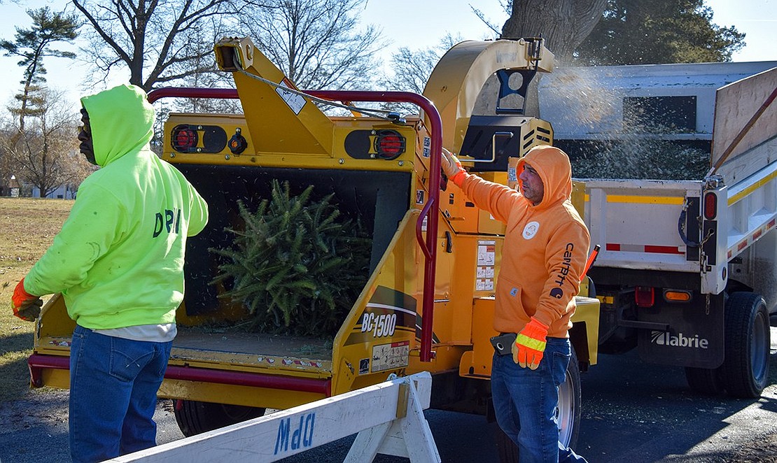 McKinley “Kenny” Redd (left) pushes a fir into the chipper fellow Port Chester Department of Public Works employee Steven Gazick operates. The DPW partnered with the Port Chester Sustainability Committee for the first-annual Christmas Tree Chipping event at Lyon Park on Sunday, Jan. 8, which gave residents an environmentally friendly way to wrap up the holidays.